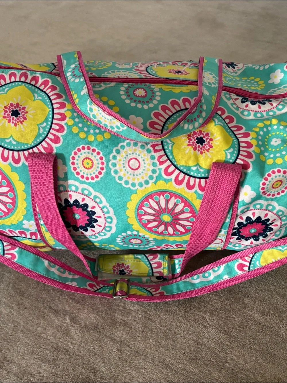Turquoise Floral Duffle Bag with Pink Trim monogrammed with the name Addison